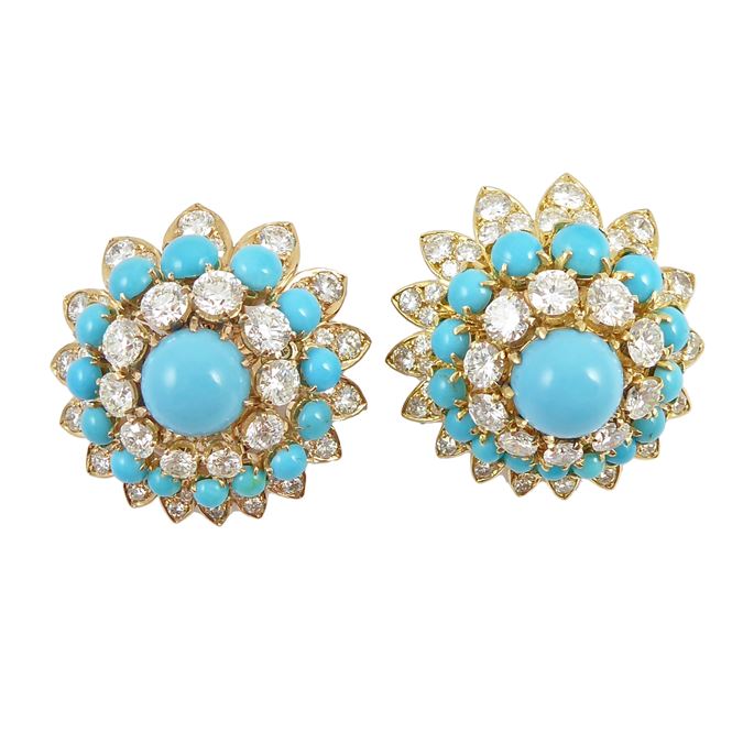   Van Cleef &amp; Arpels - Pair of turquoise and diamond set bombe cluster earrings | MasterArt